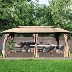 Gazebo 10x20FT, Outdoor Gazebo with Double Roofs, Privacy Curtains, Mosquito Nettings, Heavy Duty Metal Frame Party Tent Canopy for Patio, Backyard, Deck, Lawn, Brown W1859S00085