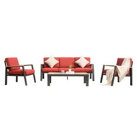 4 Pieces Aluminum Outdoor Patio Furniture Set, Modern Outdoor Sectional with Outdoor Patio Coffee Table & 7 inch Cushion, Outdoor Patio Sectional Sofa Set for Balcony, Garden, Red W1859S00089