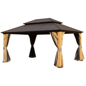 10x14FT Cedar Wood Gazebo, Solid Wood Hardtop Gazebo with Galvanized Steel Double Roof, Netting & Curtains, Outdoor Gazebo for Patio, Backyard, Deck, Lawns W1859S00097