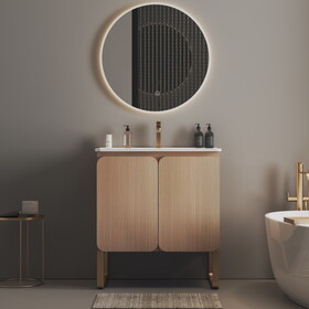 U093-Dalia30F-107 30" Freestanding & Wall Mounted Light Wood Bathroom Vanity with Ceramic Sink, Large Storage Vanity 2 Doors and Metal Support for Modern Bathrooms, KD W1865P207292