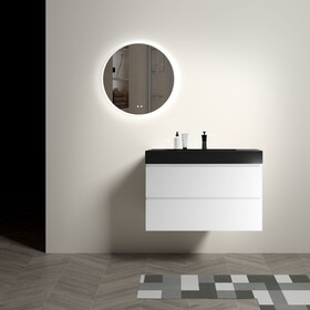 Alice 36" White Bathroom Vanity with Sink, Large Storage Wall Mounted Floating Bathroom Vanity for Modern Bathroom, One-Piece Black Sink Basin without Drain and Faucet