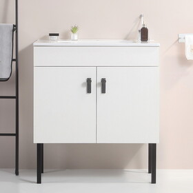 30" Bathroom Vanity with Metal Leg,with White Ceramic Basin,Two Soft Close Cabinet Doors, Solid Wood,Excluding faucets,white W1882S00007