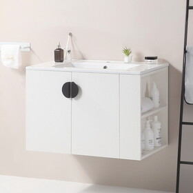 30" Bathroom Vanity with Sink,with two Doors Cabinet Bathroom Vanity Set with Side right Open Storage Shelf,Solid Wood,Excluding faucets,white W1882S00015