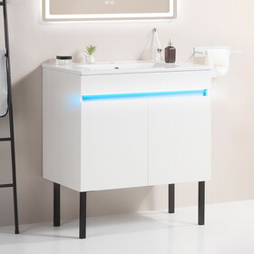30" Bathroom Vanity with Sink, Radar Sensing Light, Large Storage Space and Metal legs, Wall Mounted/Standing Bathroom Vanity Sink, White W1882S00024