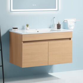 36 inch Wall Mounted Bathroom Vanity with White Ceramic Basin, Two Soft Close Cabinet Doors, Solid Wood, Excluding faucets, Light Oak W1882S00035