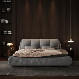Queen Size Upholstered Platform Bed with Oversized Padded Backrest, Thickening Pinewooden Slats and Metal Leg,Grey