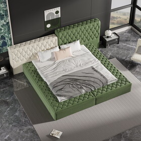 Contemporary Special-shaped Fully Upholstered Bed with Deep Button Tufting and Storage Compartments in Rails and Footboard,No Box Spring Needed,King,Green