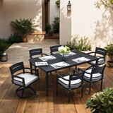 7-Piece Outdoor Patio Aluminum Furniture, Modern Dining Set, including 4 Dining Chairs & 2 Swivel Rockers Sunbrella Fabric Cushioned and Rectangle Dining Table with Umbrella Hole, Ember Black