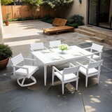 7PC Patio Aluminum Furniture, Modern Dining Set including 4 Dining Chairs & 2 Swivel Rockers Sunbrella Fabric Cushioned and Two-tone Table Top Rectangle Table with Umbrella Hole, Matte White+Grayish