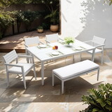6PC Patio Aluminum Furniture, Modern Dining Set, including 4 Dining Chairs & 1 Dining Bench Sunbrella Fabric Cushioned and Two-tone Table Top Rectangle Table with Umbrella Hole, Matte White+Grayish