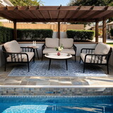 5PC Outdoor Aluminum Patio Furniture,Modern Chat Sofa Conversation Set,Removable Sunbrella Cast Silver Fabric Cushions and Table with White Carrara Marble-Look Sintered Stone Top,Ember Black