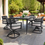 7-Piece Outdoor Patio Aluminum Furniture, Modern Dining Set, including 6 Swivel Rockers Sunbrella Fabric Cushioned and Rectangle Dining Table with Umbrella Hole, Ember Black W1886S00007
