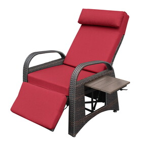 Outdoor Recliner Chair,PE Wicker Adjustable Reclining Lounge Chair and Removable Soft Cushion, with Modern Armchair and Ergonomic for Home, Sunbathing or Relaxation (Brown + Red)
