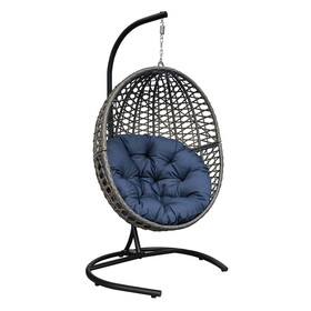 Hanging Swing Egg Chair with Stand,Outdoor Patio Wicker Tear Drop Shape Hammock Chair with Cushion (Navy Blue)