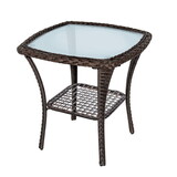 Outdoor Side Table, Indoor Outdoor Glass Top Wicker Coffee Bistro Table, All-Weather Patio Square Storage End Table, Steel Frame, 20