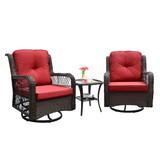 Outdoor Bistro Set 3 Pieces, Outdoor Resin Wicker Swivel Rocker Patio Chair, 360-Degree Swivel Rocking Chairs and Tempered Glass Top Side Coffee Table, Outdoor Rattan Conversation Sets (Red)
