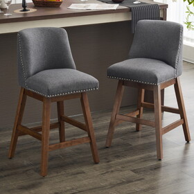 26" Upholstered Swivel Bar Stools Set of 2, Linen Fabric High Back Counter Stools with Nail Head Design and Wood Frame W1893123708