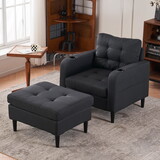Dark Gray Upholstered Armchair and Storage Ottoman Set - Comfortable Single Sofa with Cup Holders and Tufted Detailing, Ideal for Living Room or Bedroom W1901P149126