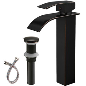 Oil Rubbed Bronze Waterfall Single-Handle Low-Arc Bathroom Faucet with Drain W1920P202268