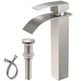 Brushed Nickel Waterfall Single-Handle Low-Arc Bathroom Faucet with Drain W1920P202395