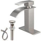 Brushed Nickel Waterfall Single-Handle Low-Arc Bathroom Faucet with Drain W1920P202895