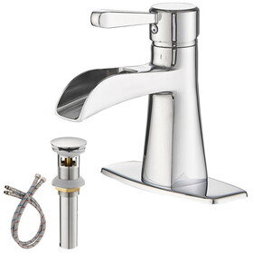 Polished Chrome Single Handle Bathroom Faucet with Waterfall Spout and Drain W1920P203149