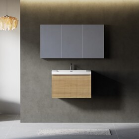 24" Floating Bathroom Vanity with Sink Combo, Modern Wall-Mounted Striped Bathroom Storage Cabinet with Soft-Close Drawer and Glossy White Solid Surface Basin, Natural Oak W1920P385431