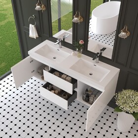 60" Floating Bathroom Vanity with Sink, Modern Wall-Mounted Bathroom Storage Vanity Cabinet with Solid Surface Top Basin and Two Soft Close Drawers, Glossy White GF-24V11-60DGW W1920P385495