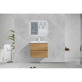 23.5" Wall Mounted Single Bathroom Vanity in Natural Wood with Black Solid Surface Vanity Top W1920S00020