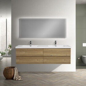 71" Wall Mounted Double Bathroom Vanity in Natural Wood with White Solid Surface Vanity Top W1920S00038