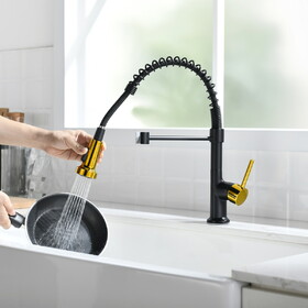 Commercial Black and Gold Kitchen Faucet with Pull Down Sprayer, Single Handle Single Lever Kitchen Sink Faucet W1932P172321