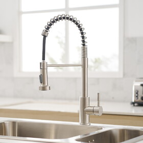 Commercial Brushed Nickel Kitchen Faucet with Pull Out Sprayer, Single Handle Single Lever Kitchen Sink Faucet W1932P172337