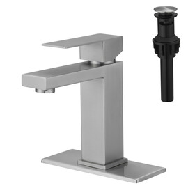 Sink Faucet with Deck Plate Waterfall Brushsed with Pop Up Drain and Supply Lines Bathroom faucets for Sink 1 Hole One Handle Faucets Vanity Bath Mixer Tap W1932P182997