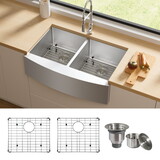TECASA Farmhouse Double Bowl 50/50 Sink 33 inches Stainless Steel Apron Sinks 16 Gauge for Kitchen Front Rounded 10 inch Deep Single Bowl Kitchen Sink with Accessories (Pack of 3) W1986120170