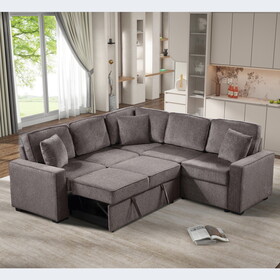 Modular Sofa, Sectional Couch L Shaped Sofa Couch with Pullout Sleeper, 5 Seat Chenille Corner Sofa for Living Room, 3 Pillows Included, Light Brown