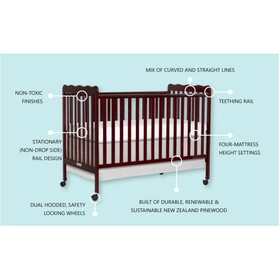 3-in-1 Convertible Crib in Espresso, Made of Sustainable Pinewood, Non-Toxic Finish, Comes with Locking Wheels, Wooden Nursery Furniture W2005P152998