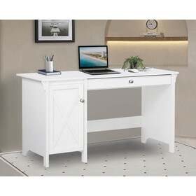 47" Writing Desk Elegant White Desk with Spacious Storage, Multifunctional Computer Desk with Drawer, Versatile Office Writing Table with Modern Metal Hardware, Cable Management System Included