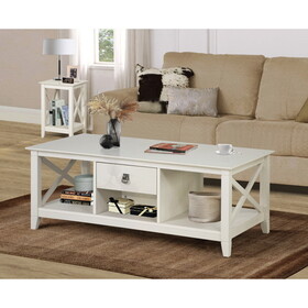 Coffee Table with 2 drawers Charming Antique White Coffee Table with Rustic Farmhouse Flair - Spacious Drawer and Open Shelf Storage - Perfect for Living Room Elegance W2026P197454