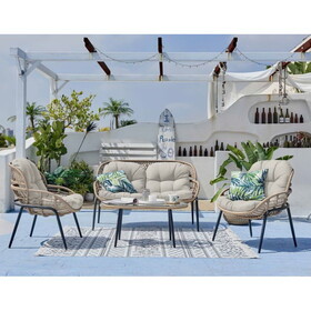 Belize 4-Piece PE Natural Rattan Outdoor Beige Cushions Conversation Set, Large W2026P204434