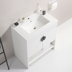 30" Bathroom Vanity,with White Ceramic Basin,Two Cabinet Doors with black zinc alloy handles,Solid Wood,Excluding faucets,white W2026S00025
