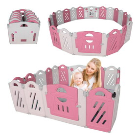 16+2 Panel Baby Playpen, Foldable Playard for Baby and Kids, Adjustable Shape Play Fence with Safety Lock Gate (Pink+White,16+2 Panel) W2031P240630