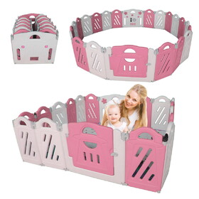 20+2 Panel Baby Playpen, Foldable Playard for Baby and Kids, Adjustable Shape Play Fence with Safety Lock Gate (Pink+White,20+2 Panel) W2031P240703