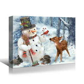 Framed Canvas Wall Art Decor Painting for Chrismas, Cute Snowman with Deer Chrismas Gift Painting for Chrismas Gift, Decoration for Chrismas Eve Office Living Room, Bedroom Decor-Ready to Hang