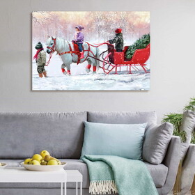 Framed Canvas Wall Art Decor Painting for Chrismas, White Horse with Sledge Chrismas Gift Painting for Chrismas Gift, Chrismas Eve, Multicolor W2060130738
