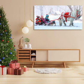 Framed Canvas Wall Art Decor Painting for Chrismas, Kids on White Horse Sledge Painting for Chrismas Gift, Decoration for Chrismas Eve Office Living Room, Bedroom Decor-Ready to Hang W2060133655