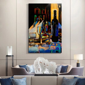 Framed Canvas Wall Art Decor Abstract Style Painting, Wine Bottle with Glasses on Bar Painting for Bar, Restrant, Kitchen, Dining Room,, Multicolor W2060133673