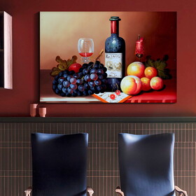 Framed Canvas Wall Art Decor Painting, Still Life Wine and Grape Fruits on Table Oil Painting Style Decoration for Restaurant, Kitchen, Dining Room, Office Living Room, W2060133900