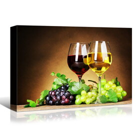 Framed Canvas Wall Art Decor Painting, Wine Glasses and Grape Fruits on Table Painting Decoration for Restaurant, Kitchen, Dining Room, Office Living Room, Bedroom Decor-Ready to Hang W2060133901