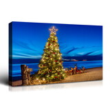 Framed Canvas Wall Art Decor Painting for Chrismas, Chrismas Tree on Seaside Chrismas Gift Painting for Chrismas Gift, Decoration for Chrismas Eve Office Living Room, Bedroom Decor-Ready to Han