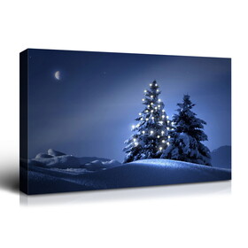 Framed Canvas Wall Art Decor Painting for Chrismas, Lighted Pine Tree at Night Chrismas Gift Painting for Chrismas Gift, Decoration for Chrismas Eve Office Living Room, Bedroom Decor-Ready to Han